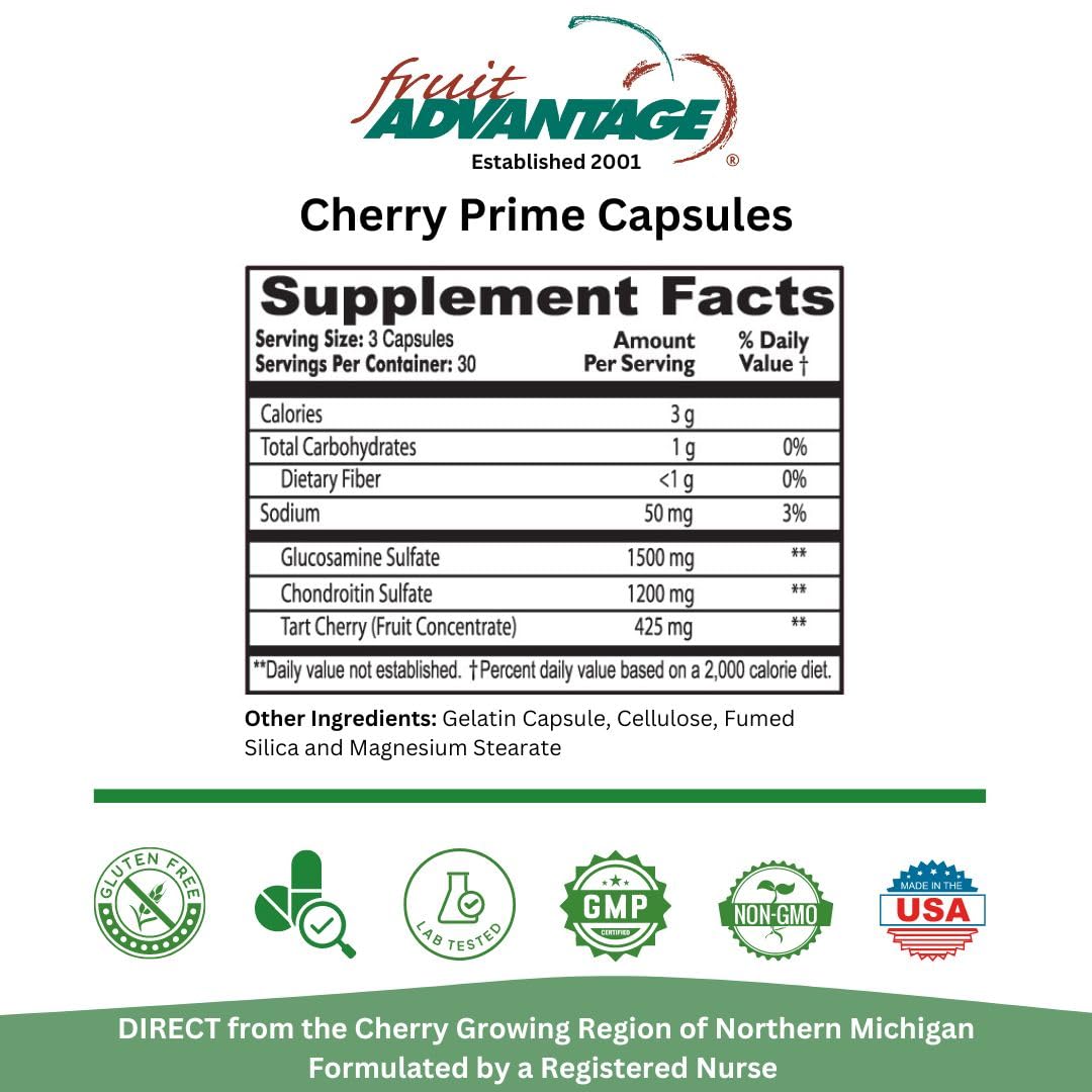 Fruit Advantage Cherry Prime Montmorency Tart Cherry with Glucosamine & Chondroitin Capsules, 12 Pack