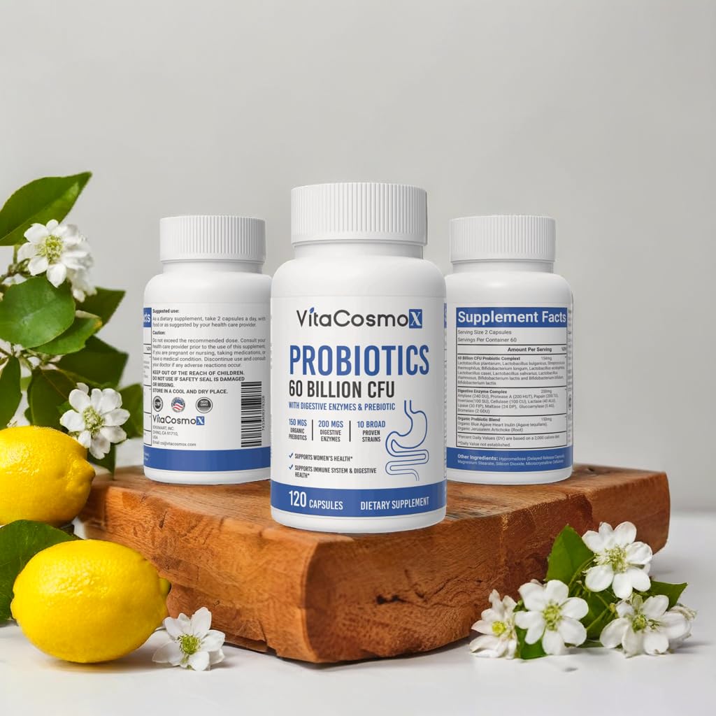 VitaCosmoX Probiotic 60 Billion CFU with Prebiotics and Enzymes, Capsule, 1 Count, 100% Vegetarian, Non-GMO & Gluten Free
