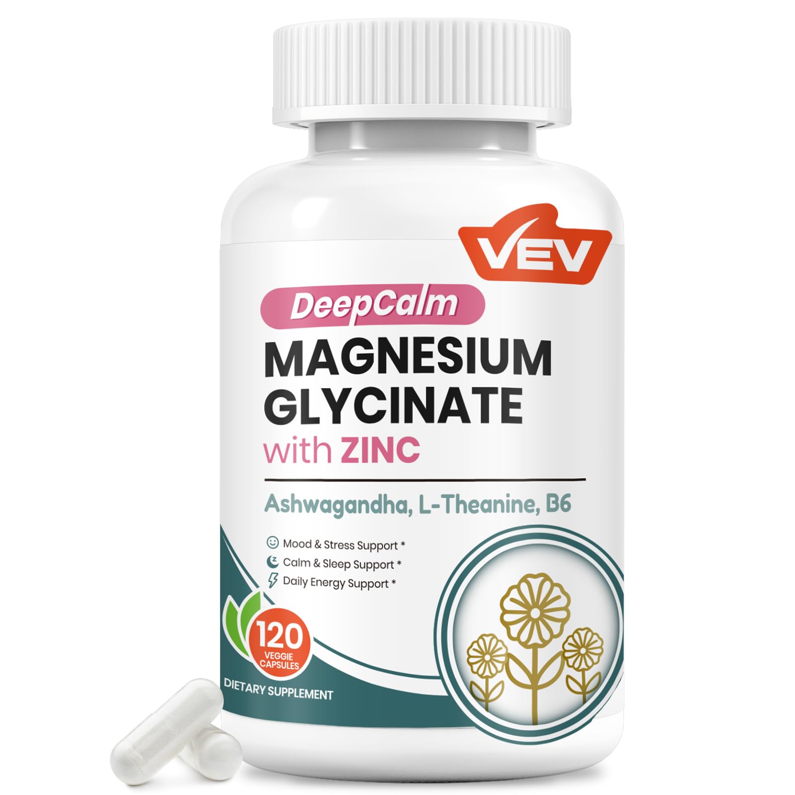 VEV Deep Calm Magnesium Glycinate and Zinc Supplement with Vitamin B6, Ashwagandha & L-Theanine Capsules 120