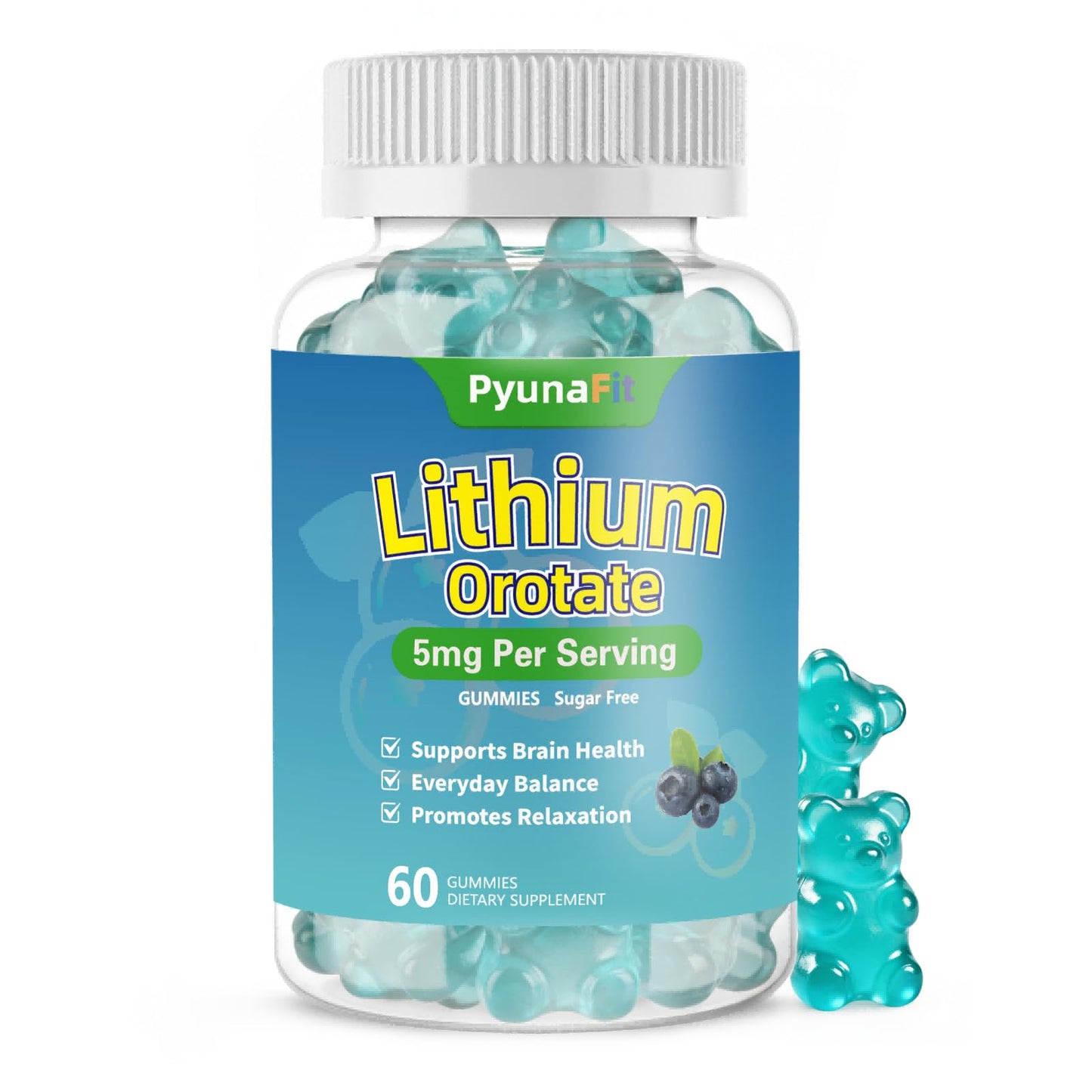 PYUNAFIT Lithium Orotate 5mg Gummies Sugar Free, Brain Health & Cognitive Function Supplement, Vegan, Blueberry Flavor, 60 Count