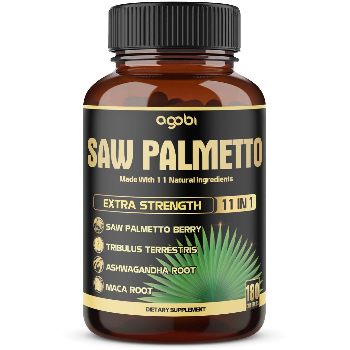 agobi 11in1 Saw Palmetto Capsules with Ashwagandha, Turmeric, Tribulus, Maca, Green Tea, Ginger, Holy Basil & More - Healthy Prostate & Hair Support, 180 Capsules