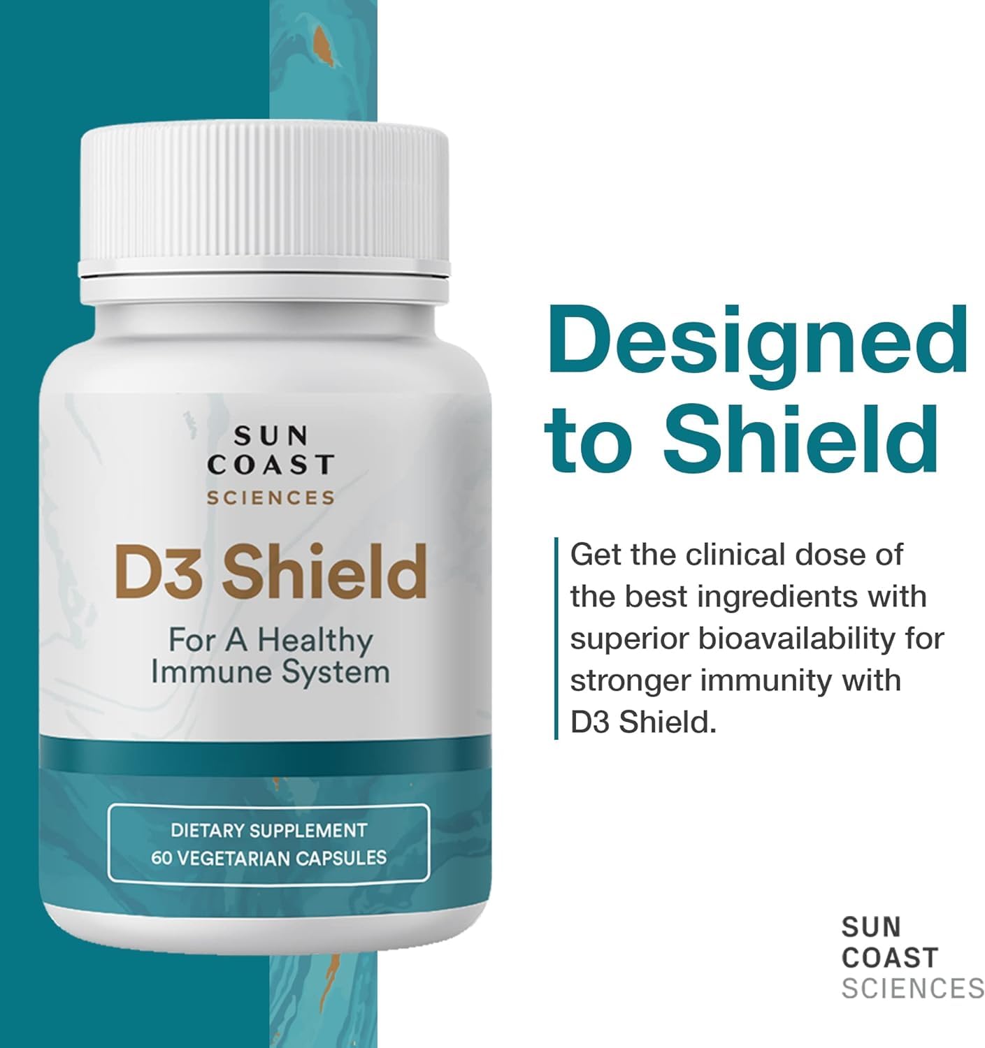 Sun Coast Sciences D3 Shield Vitamin D3 5000 IU for Immune Support and Bone Health, 60 Vegetarian Capsules