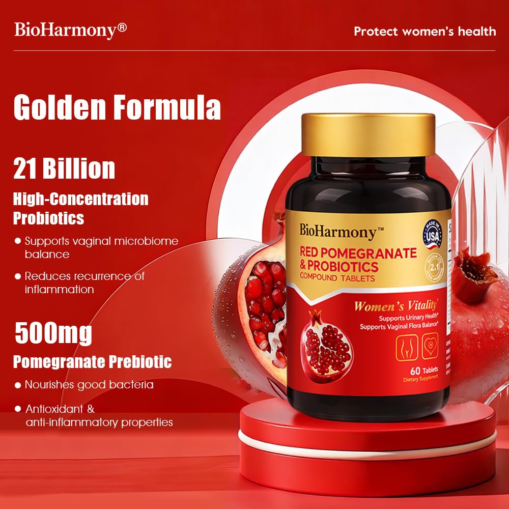 BioHarmony Probiotics for Women Vaginal Flora 4.2 Billion CFU Multi-Strain Probiotic with Red Pomegranate – Supports Vaginal pH Balance & Urinary Health, 60 Tablets