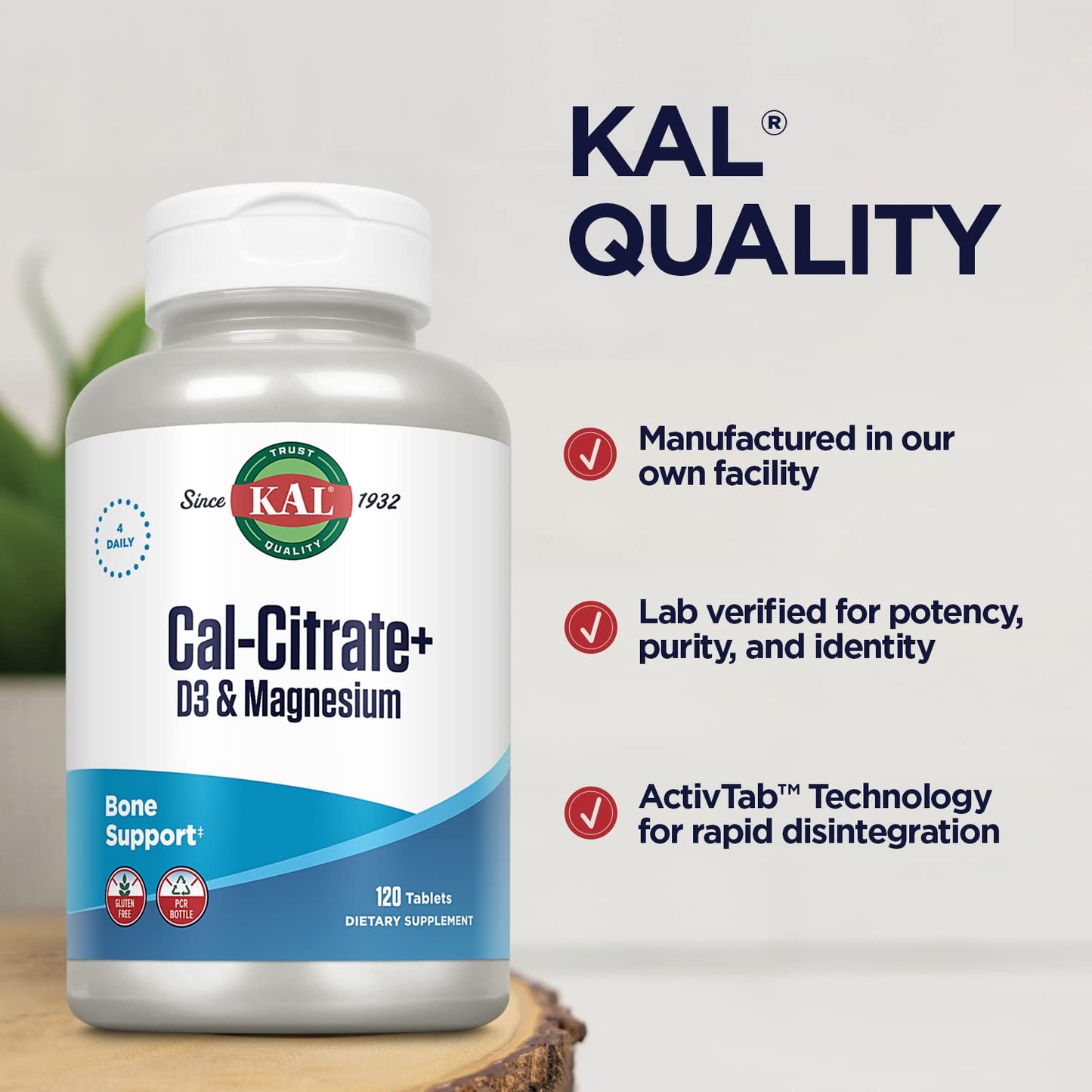 KAL Cal-Citrate+ Calcium Citrate Plus Vitamin D-3 and 500 mg Magnesium, 120 Tablets