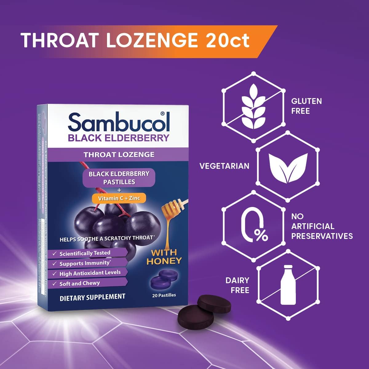 Sambucol Black Elderberry Throat Lozenge - Honey, Soothes Cough, 20 Tablets