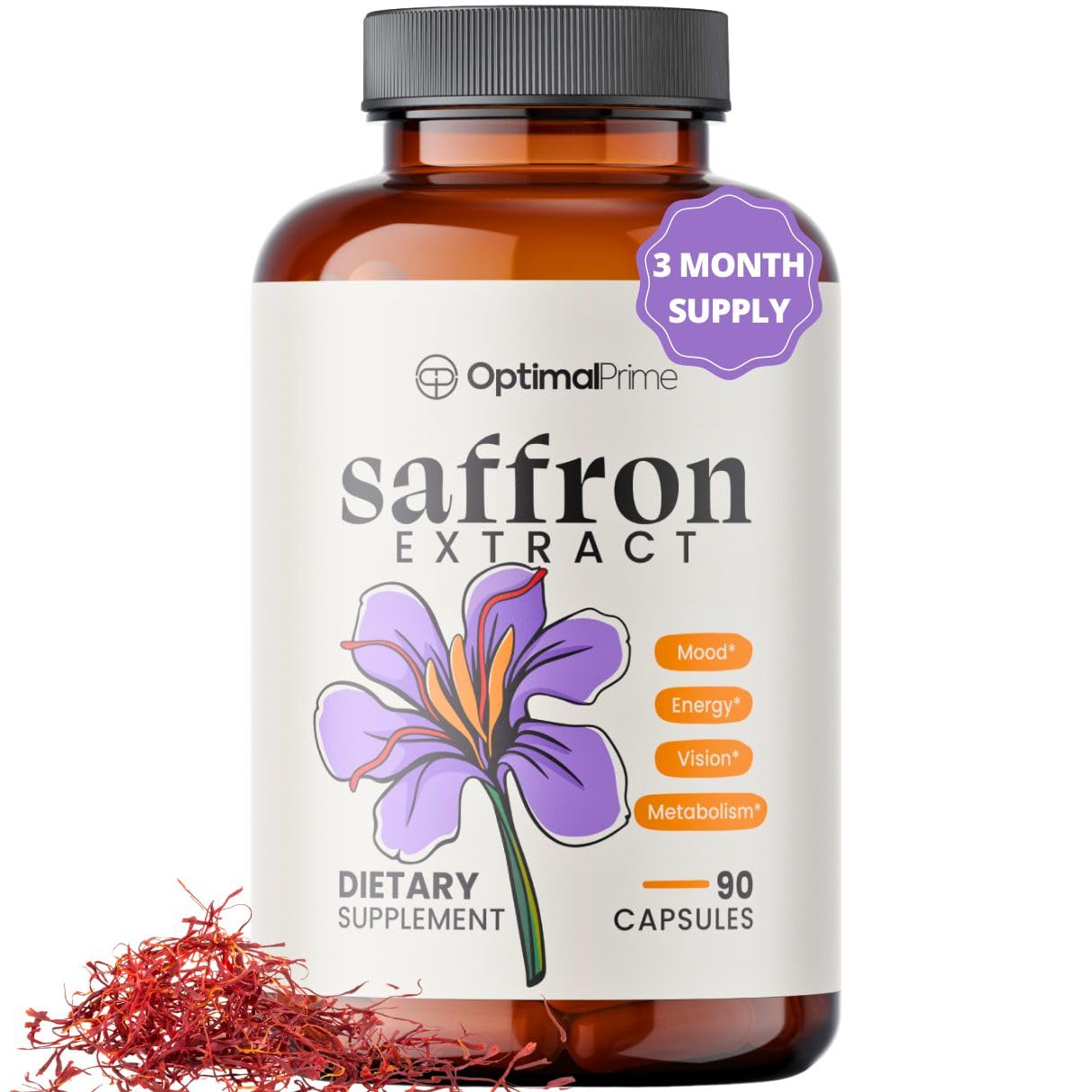 Optimal Prime Saffron Supplement 100% Pure Saffron Extract 88.5mg, 90 Capsules