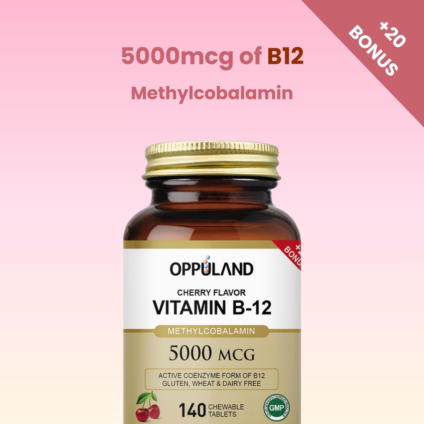 oppuland Methyl B-12 5000mcg Chewable with Folate - Vitamin B12 Methylcobalamin Sublingual Tablets - Supports Energy & Brain Function - Vegan Supplement - Cherry Flavor - 140 Count
