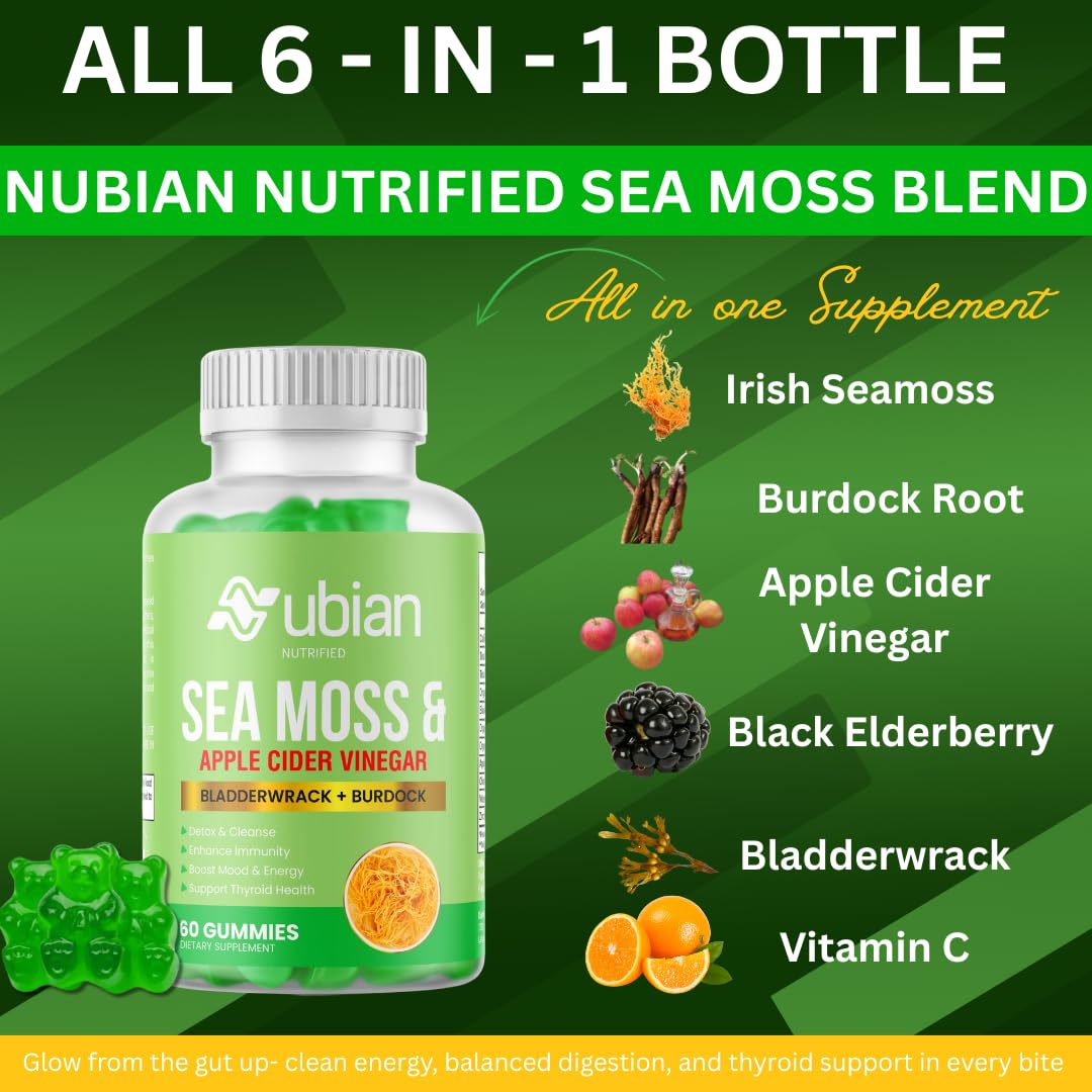 NUBIAN NUTRIFIED Sea Moss with Apple Cider Vinegar, Burdock Root & Bladderwrack Gummies 60 Count