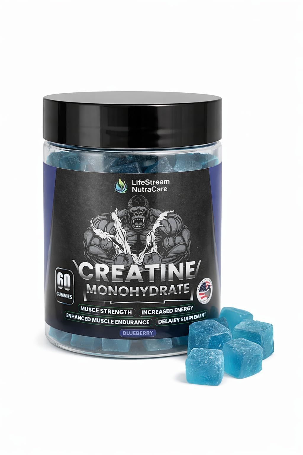 Generic Strength & Performance Gummies – Creatine Monohydrate for Muscle Growth | Vegan, Halal, Non-GMO, Blueberry Flavor, 60 Chewables