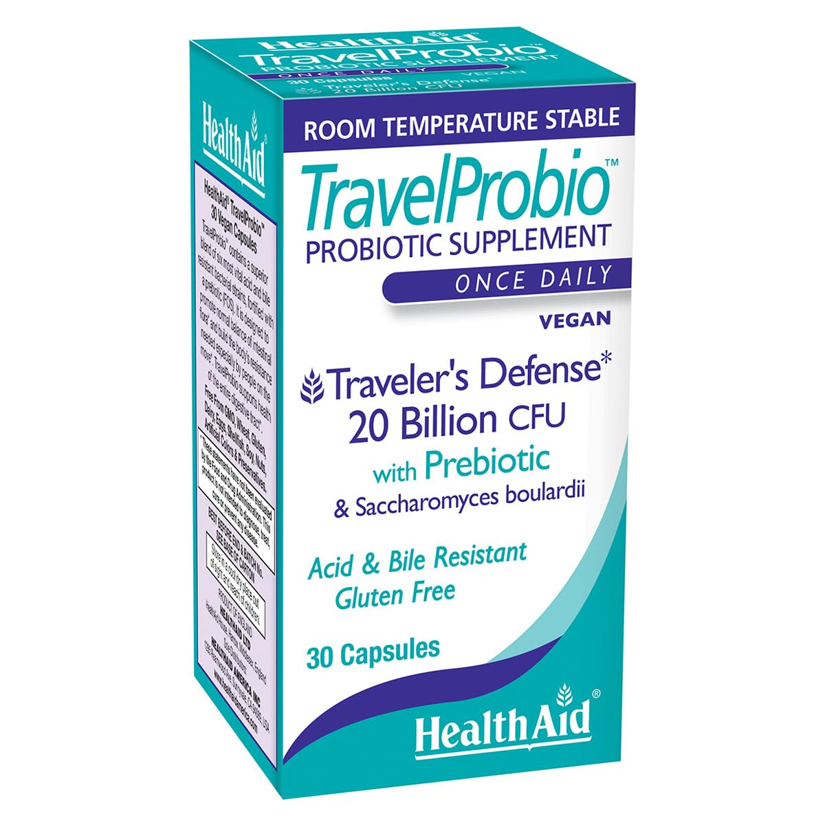 HealthAid TravelProbio 20 Billion CFU Probiotic – Saccharomyces boulardii + Prebiotic (FOS), Acid & Bile-Resistant – Once-Daily Vegan, Gluten-Free, Room-Temp Stable – Travel Digestive Support Capsules, 30