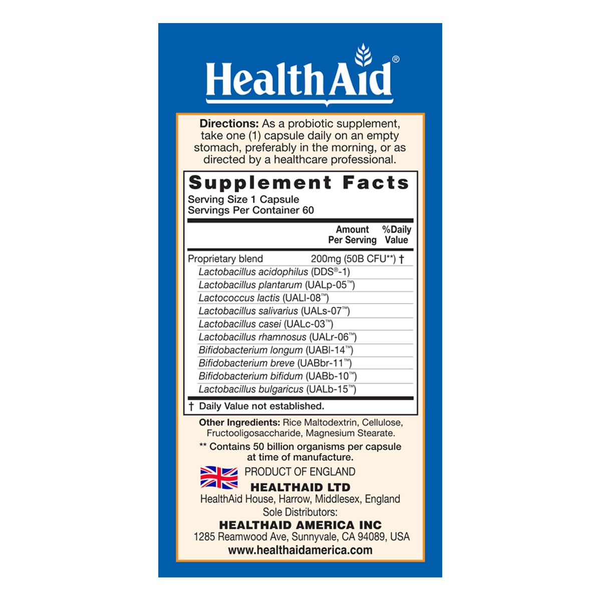 HealthAid ImmuProbio 50 Billion CFU Probiotic Once Daily Digestive & Immune Support with Prebiotic (FOS) & DDS-1 Strain Acid & Bile Resistant Vegan Capsules 60 Count