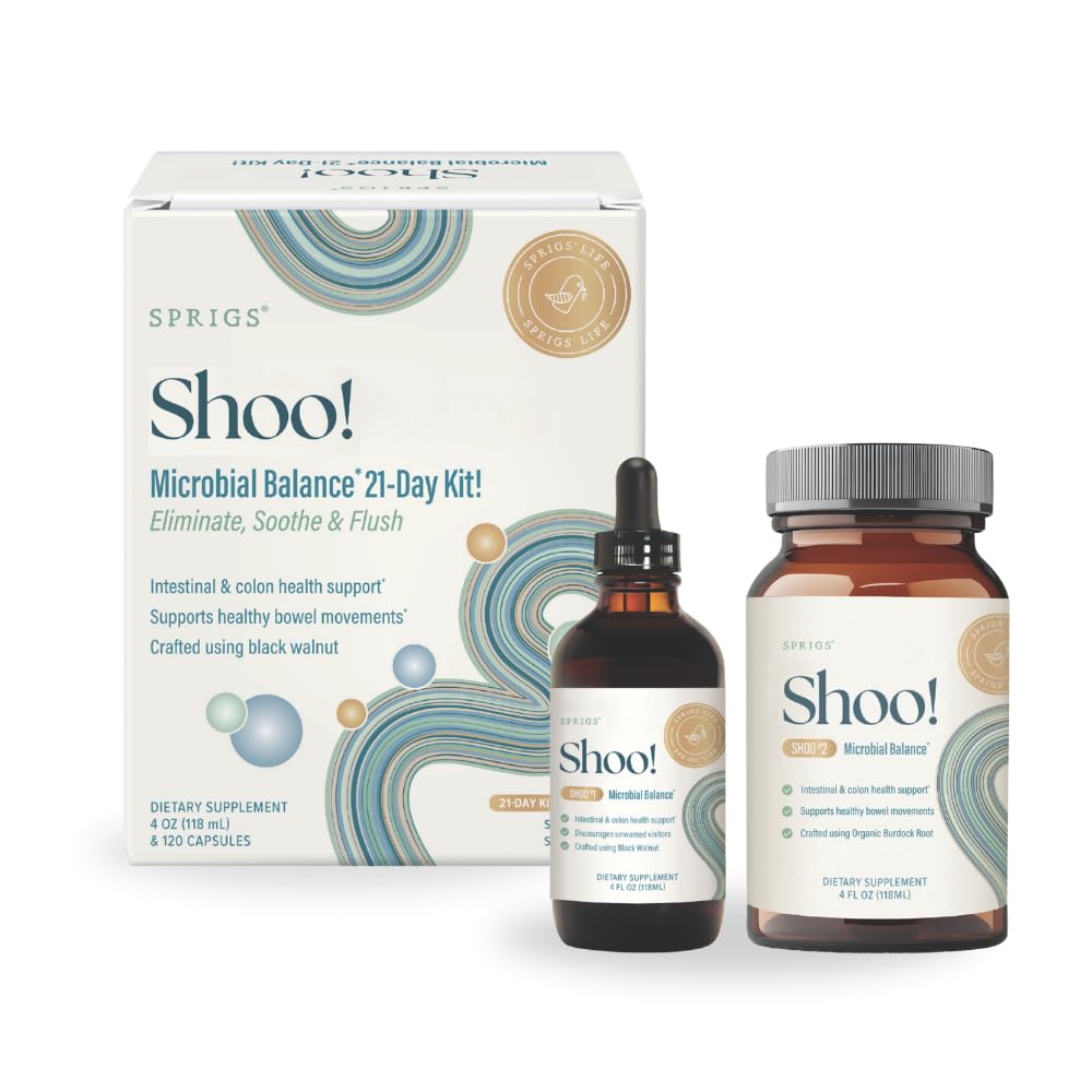 SPRIGS Shoo Microbial Balance Two-Part System Microbial Cleanse - Black Walnut, Organic Wormwood Capsule and Drop, Pack of 2