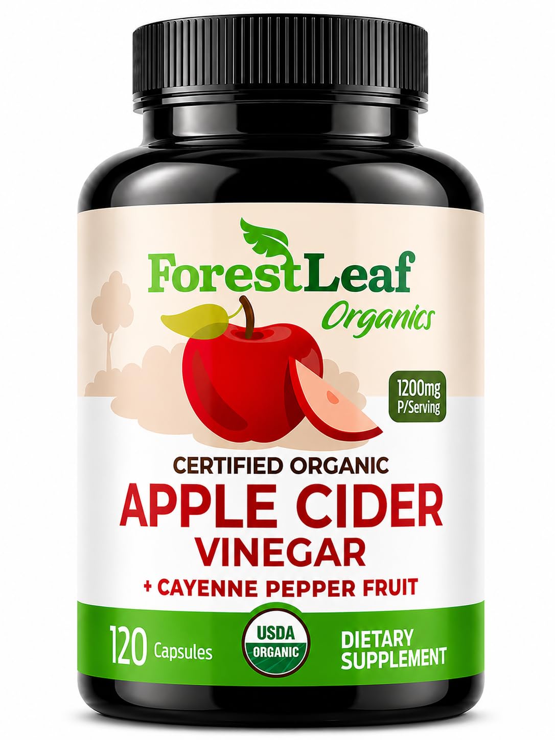 ForestLeaf USDA Organic Apple Cider Vinegar Capsules with Mother, 1200 mg, 120 Capsules