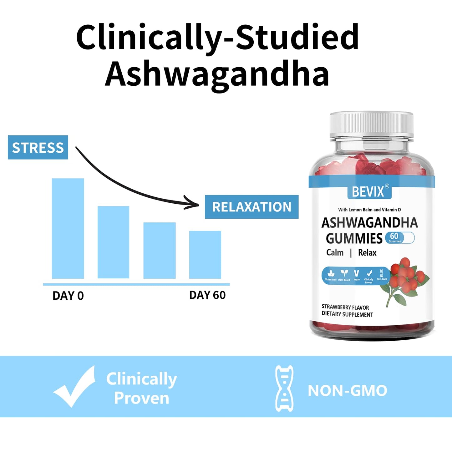 BEVIX Ashwagandha Gummies with Vitamin D Chewable 60 Count