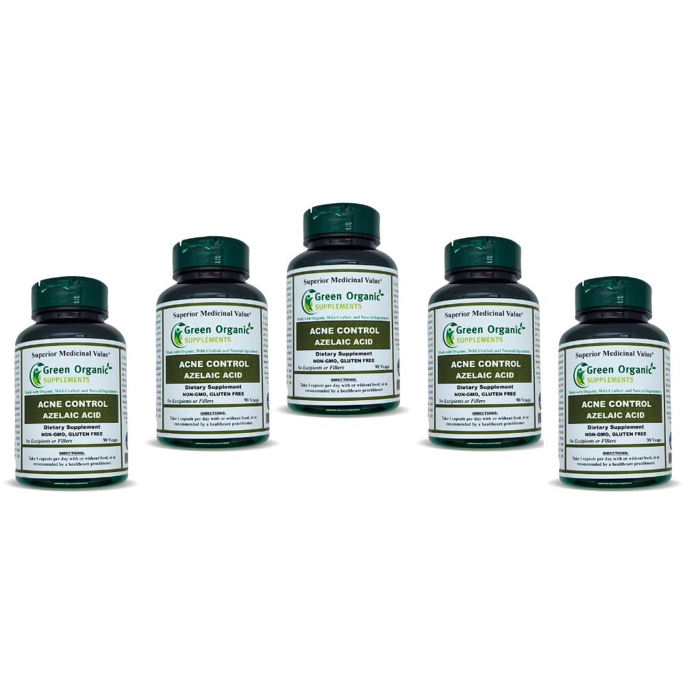 Green Organic Supplements Azelaic Acid Acne Support Capsules, 90 Capsules, Non-GMO, Gluten-Free, Pack of 5