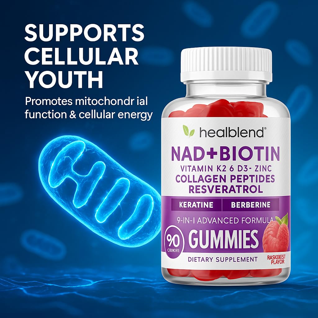 healblend NAD+ Biotin Gummies – Collagen Peptides, Resveratrol, Keratin & Berberine – Anti-Aging Hair, Skin & Nail Support – Vitamin K2 & D3, Zinc – Raspberry Flavor, 60 Gummies