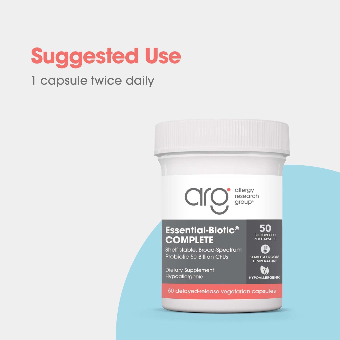 Allergy Research Group ARG Essential Biotic Complete - 50 Billion CFU Probiotic - Gut & Digestive Support - Delayed Release Capsules - Hypoallergenic - 60 Capsules