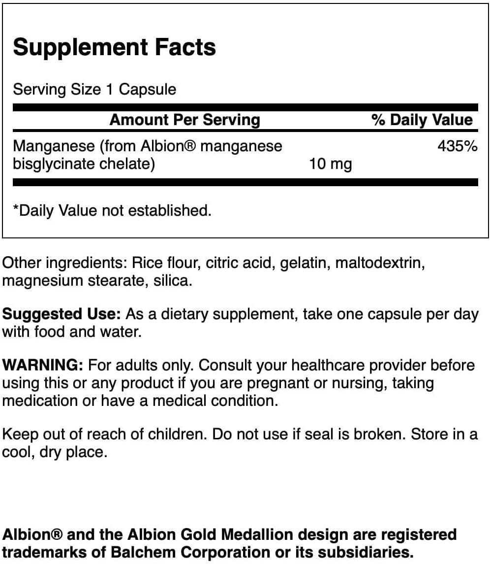 Swanson Albion Chelated Manganese 10 Milligrams Capsules 180 Count