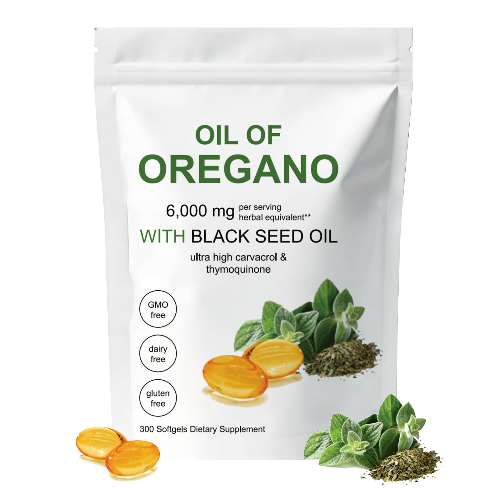 HDFREO Oil of Oregano 6000mg with Black Seed Oil Softgels, 300 Softgels