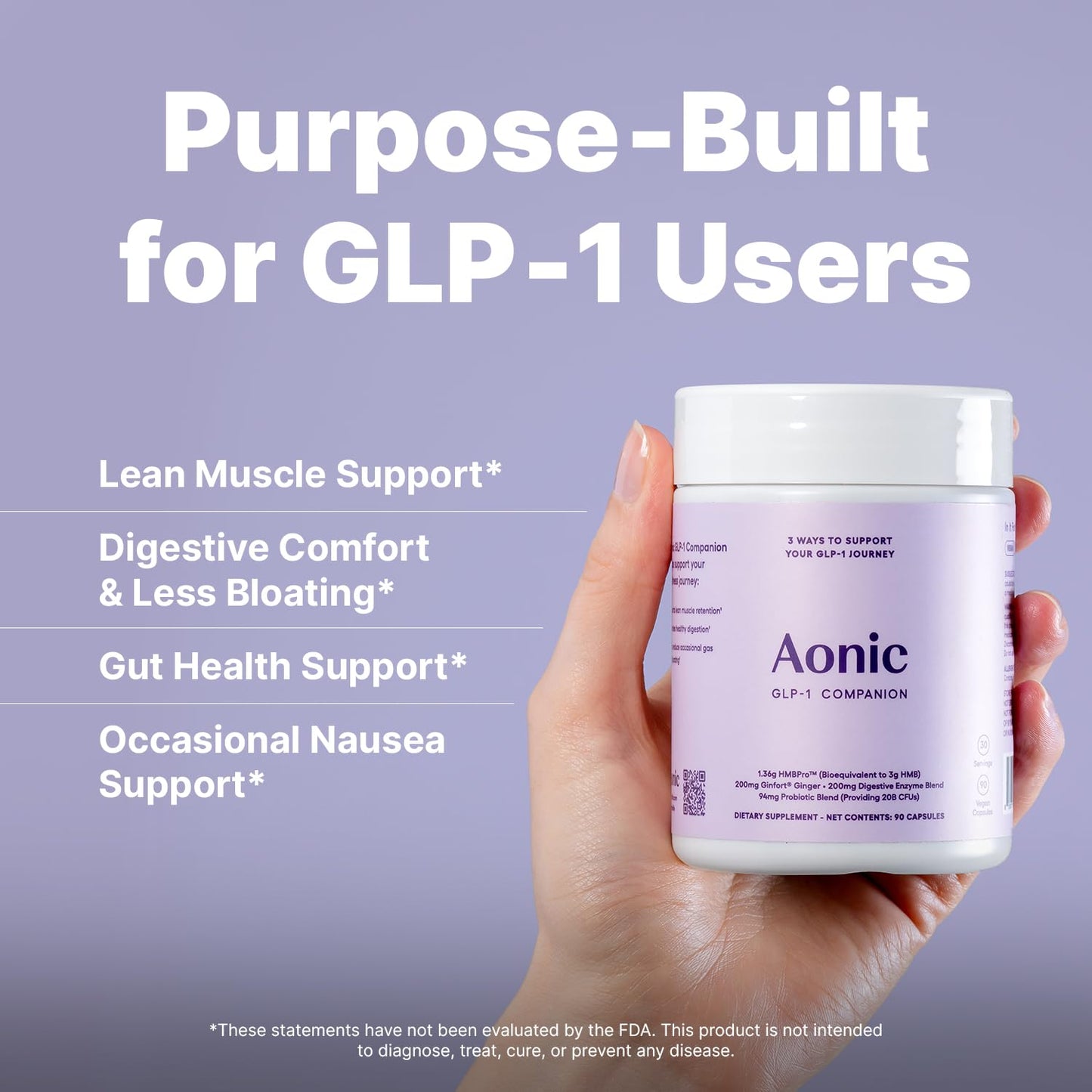 AONIC GLP-1 Companion Supplement HMBPro™ to Support Maintenance of Lean Muscle, Probiotic and Enzyme Blend to Support Digestion, Ginger Extract to Help Reduce Nausea and Bloating, 90 CAPSULES