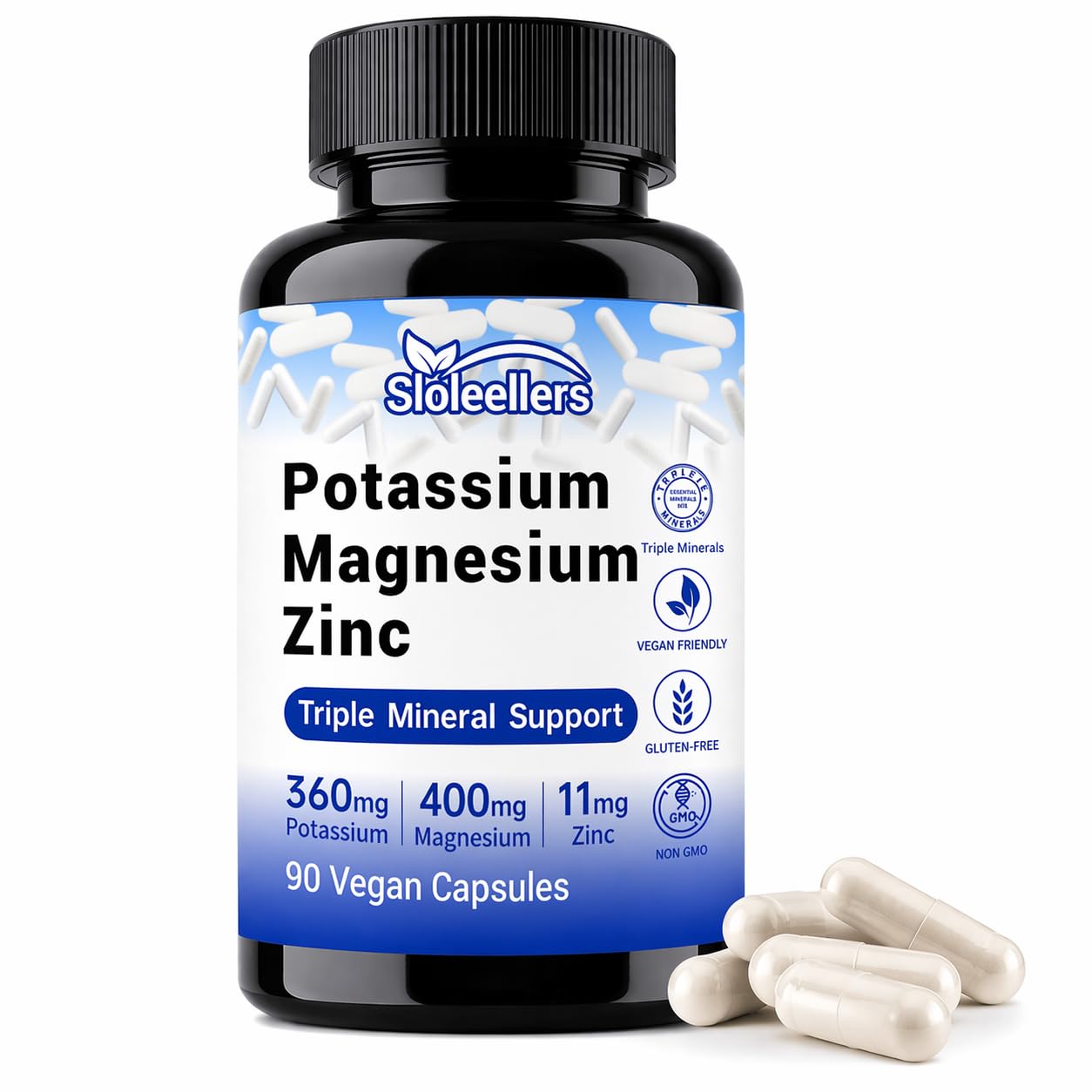 Sloleellers Potassium Magnesium Supplement with Zinc 1000mg Potassium Citrate, 400mg Magnesium, 90 Capsules