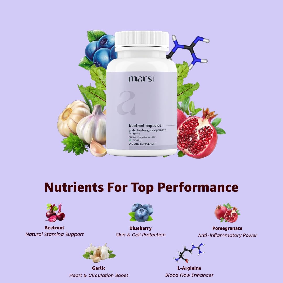 Mars by GHC Mars Beetroot Capsules with L-Arginine, Garlic, Pomegranate & Blueberry, Nitric Oxide Booster Supplement, Capsule, 60 Count