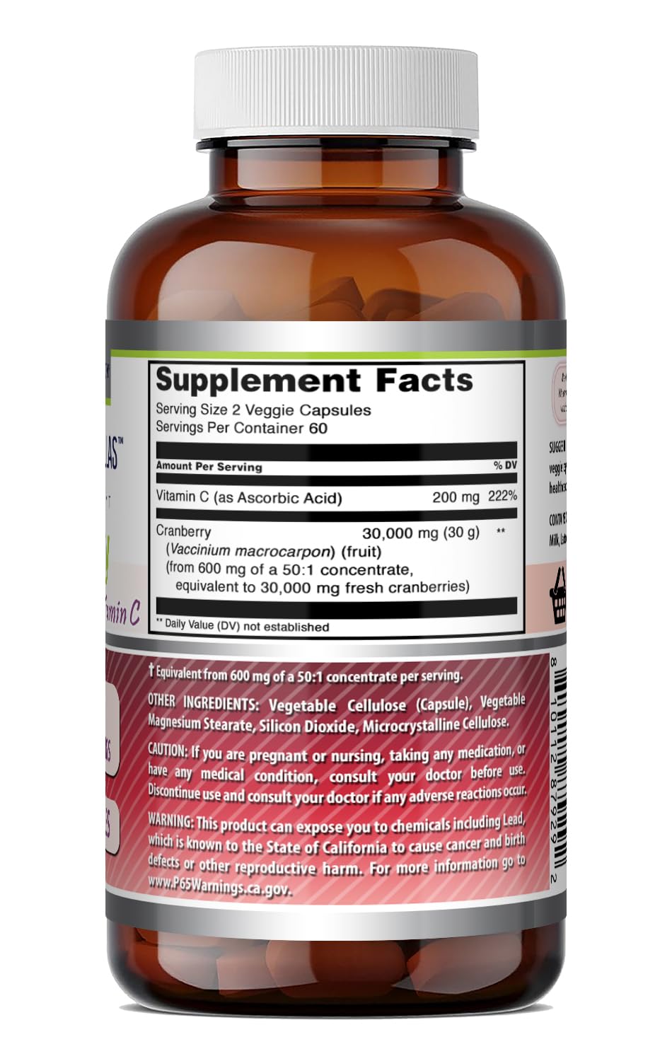 Amazing Nutrition Cranberry 600 mg 50:1 Concentrate with Vitamin C Capsule, 120 Count