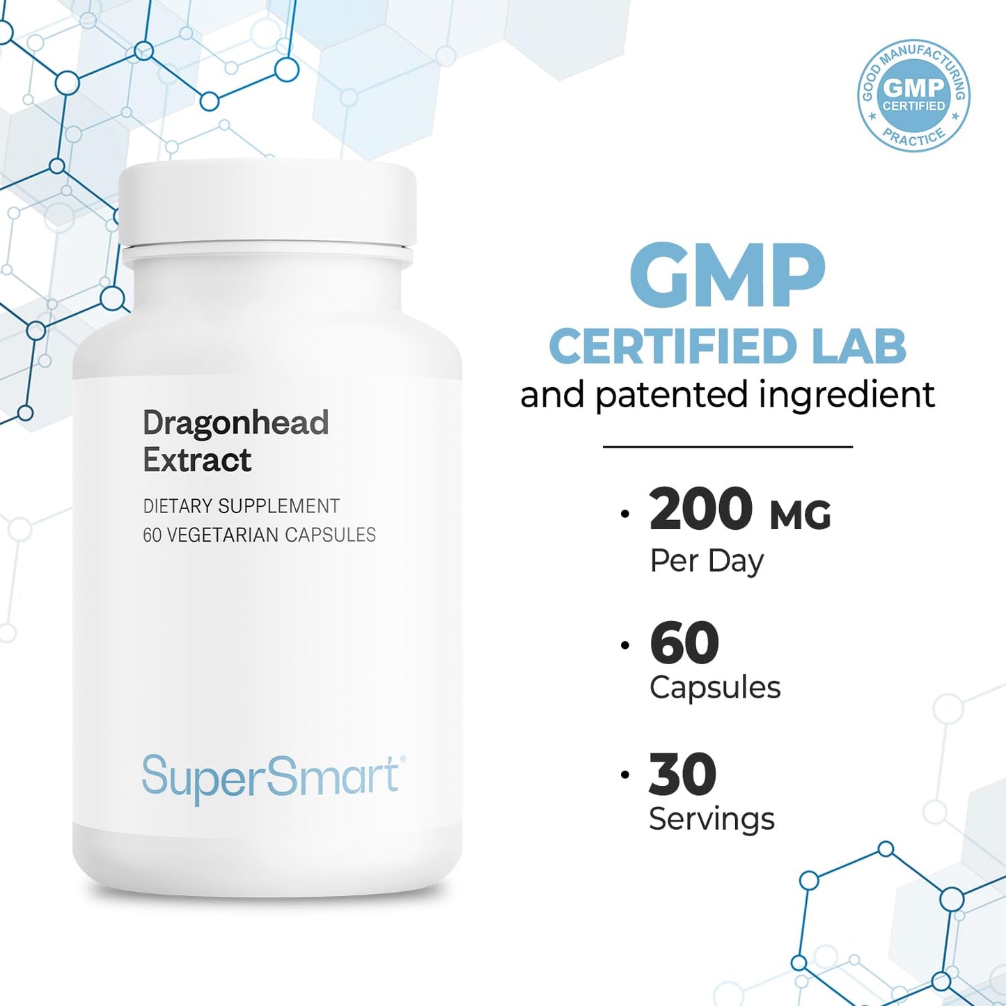 Supersmart Dragonhead Extract 200mg per Day (Patented) DracoBelle Dragonhead Supplement Capsule, 60 Count