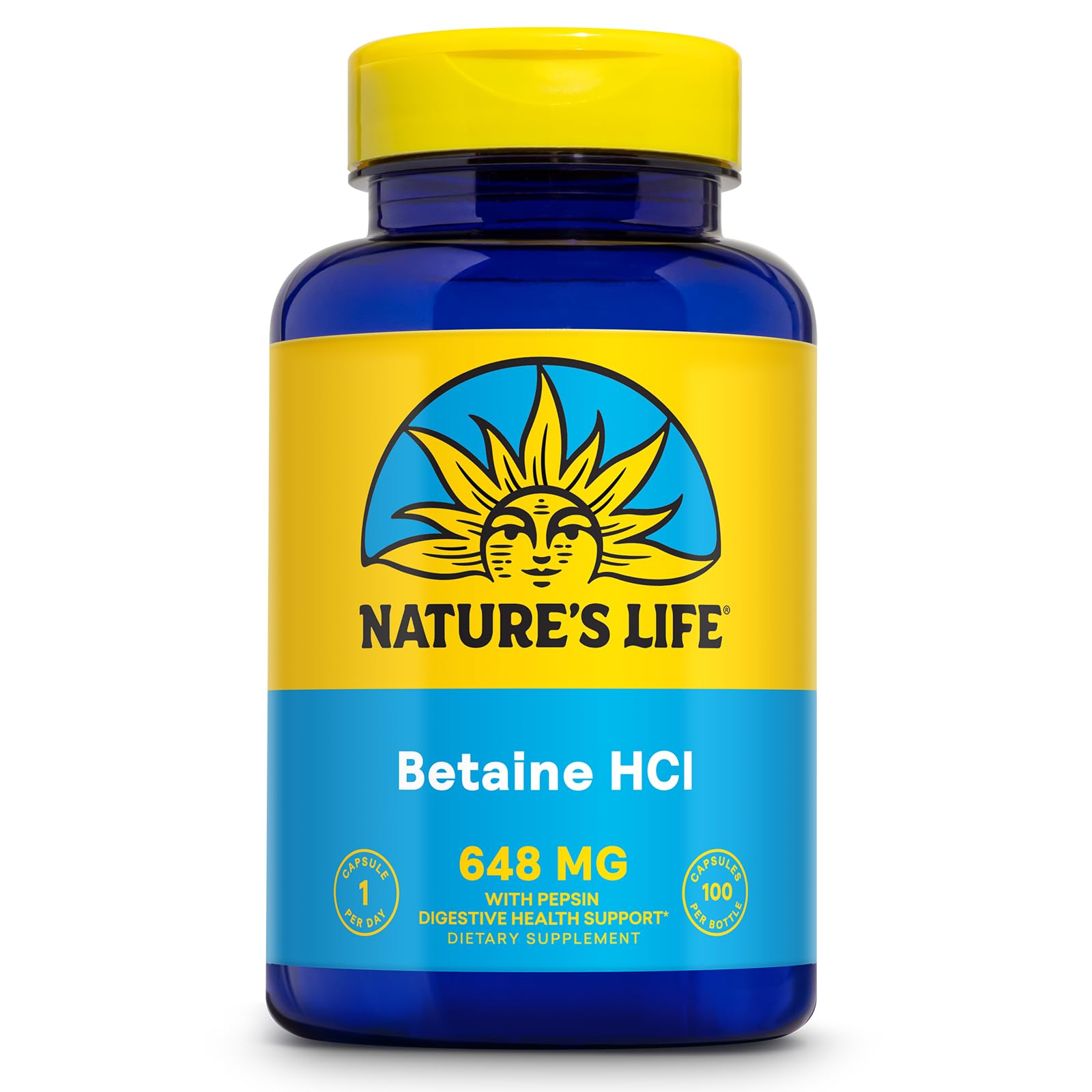 Nature's Life Betaine HCl with Pepsin - Digestive Health Formula with Digestive Enzymes, High Potency Hydrochloric Acid Supplement, 100 Capsules