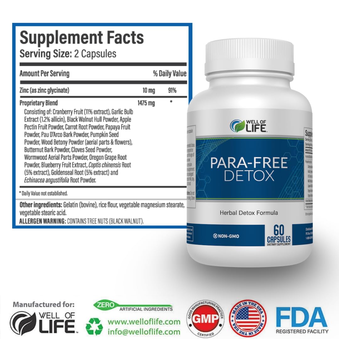 Well of Life para-Free Detox - Parasite Cleanse & Natural Detox Formula with Zinc, Black Walnut, Wormwood, Goldenseal, Garlic & Cranberry for Digestive & Immune Support, Vegan, 60 Capsules