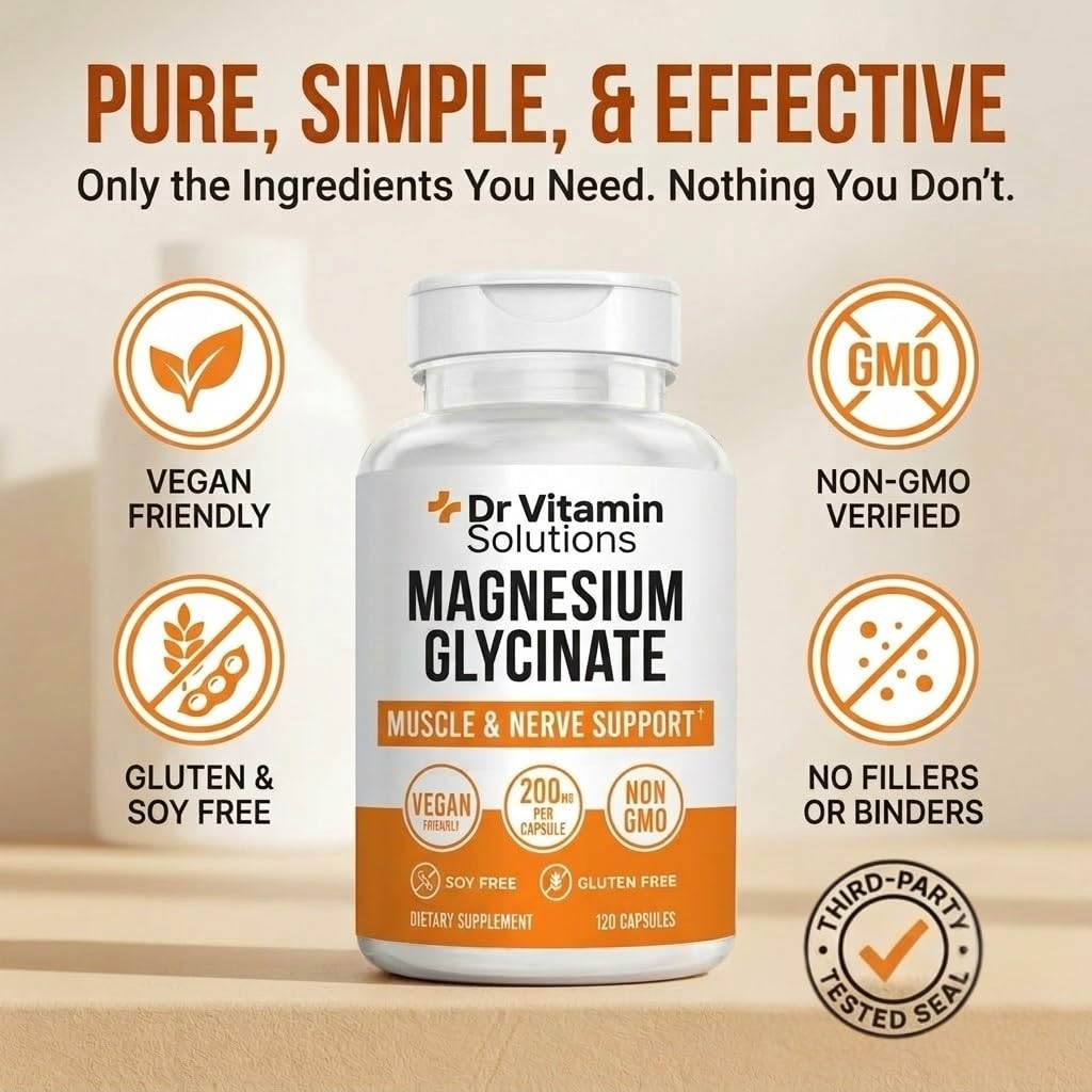 DR VITAMIN SOLUTIONS Magnesium Glycinate 200mg High Absorption Chelated Magnesium Supplement Capsules 120 Count
