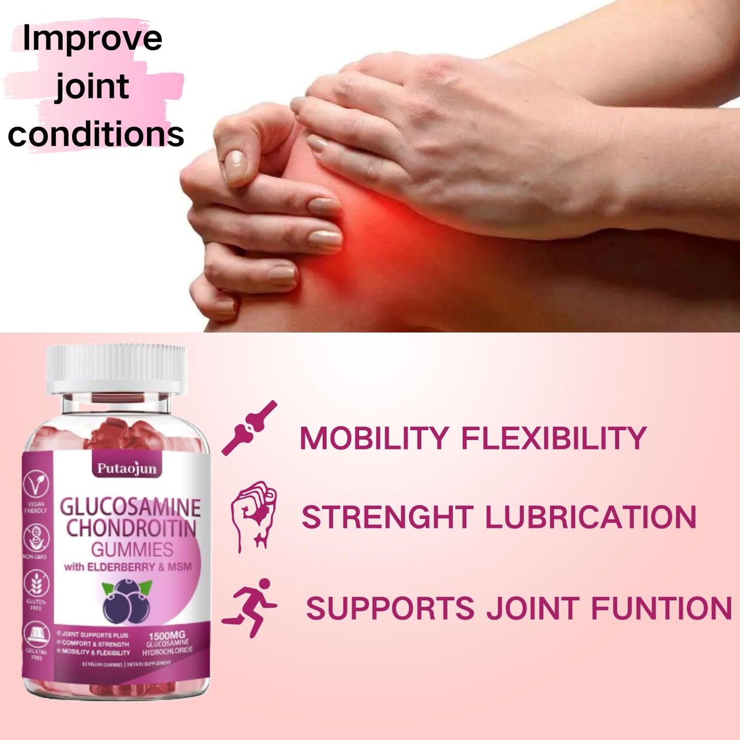 Putaojun Glucosamine Chondroitin Gummies Extra Strength with MSM & Elderberry, 120 Gummies