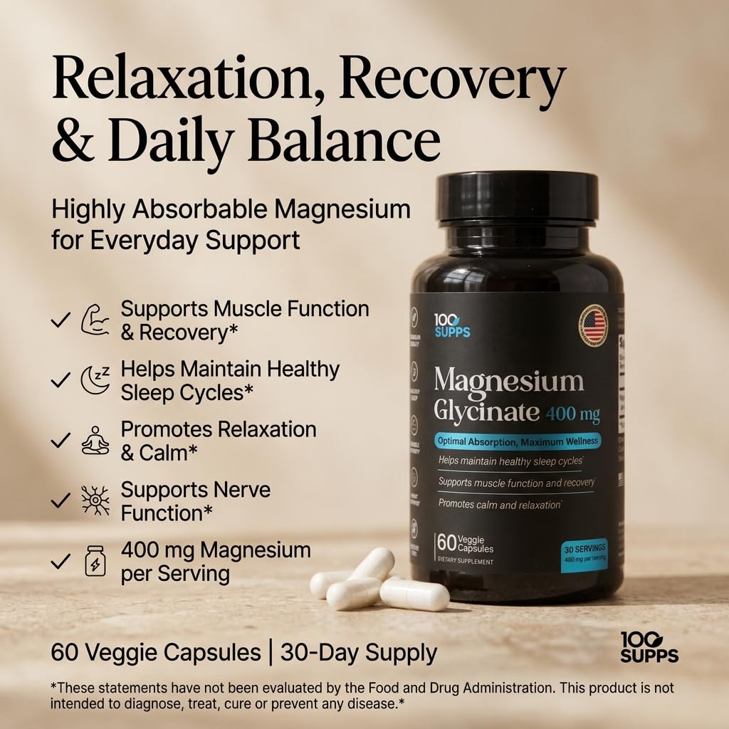 100 Supps Magnesium Glycinate 400mg Capsule, 60 Capsules