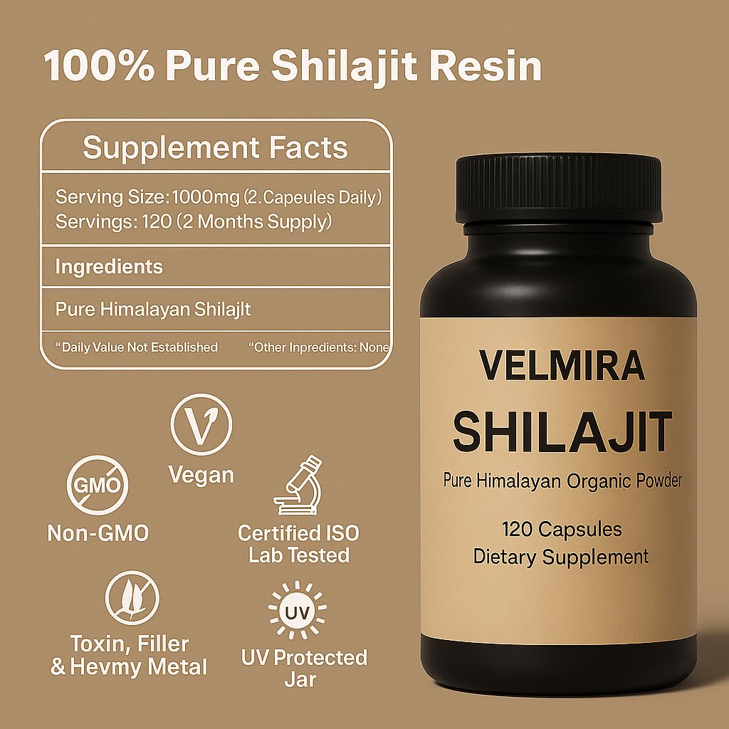 Velmira Shilajit Himalayan Resin Powder Capsules, 120 Count