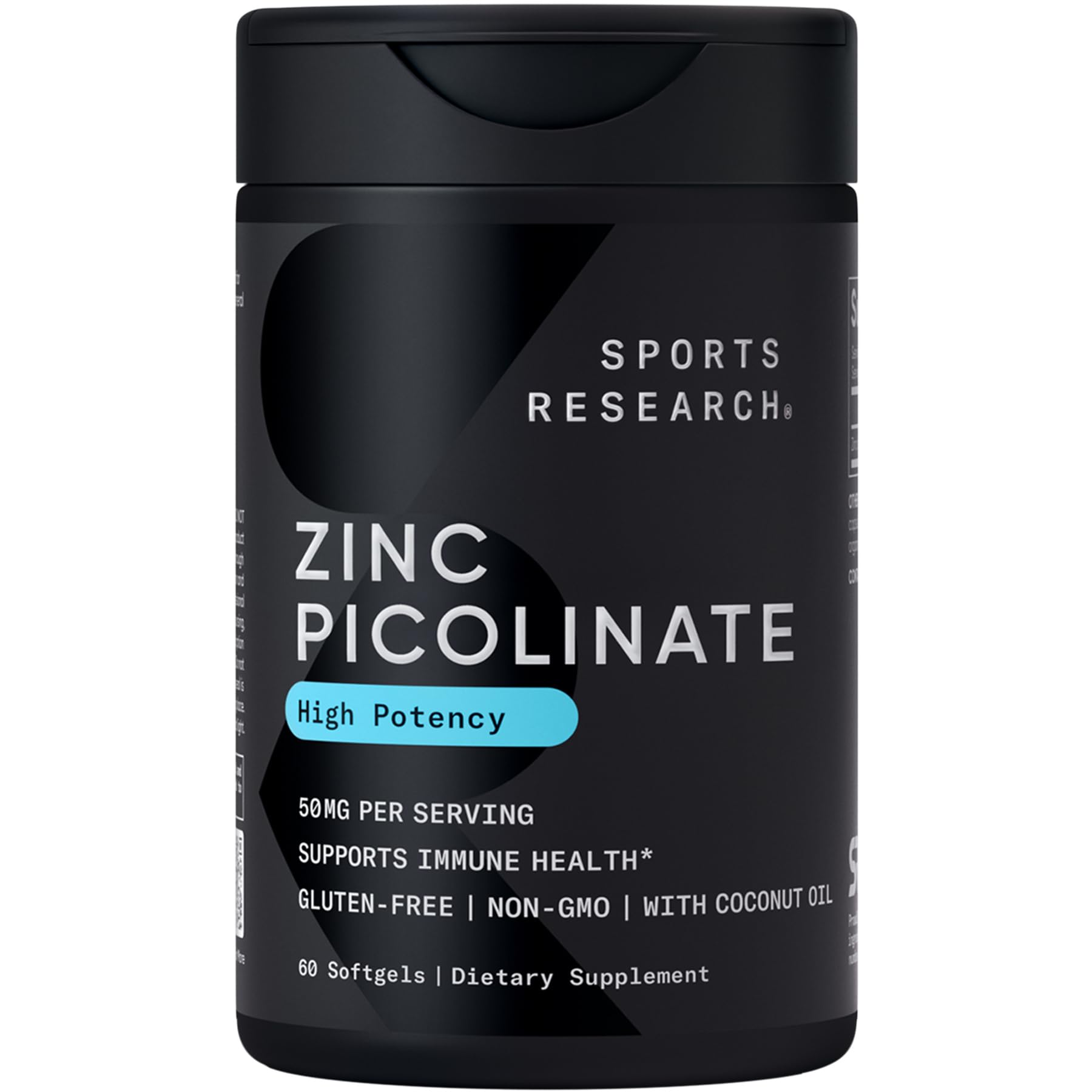 Sports Research High Potency Zinc Picolinate 50mg with Organic Coconut Oil Softgels, 60 Count