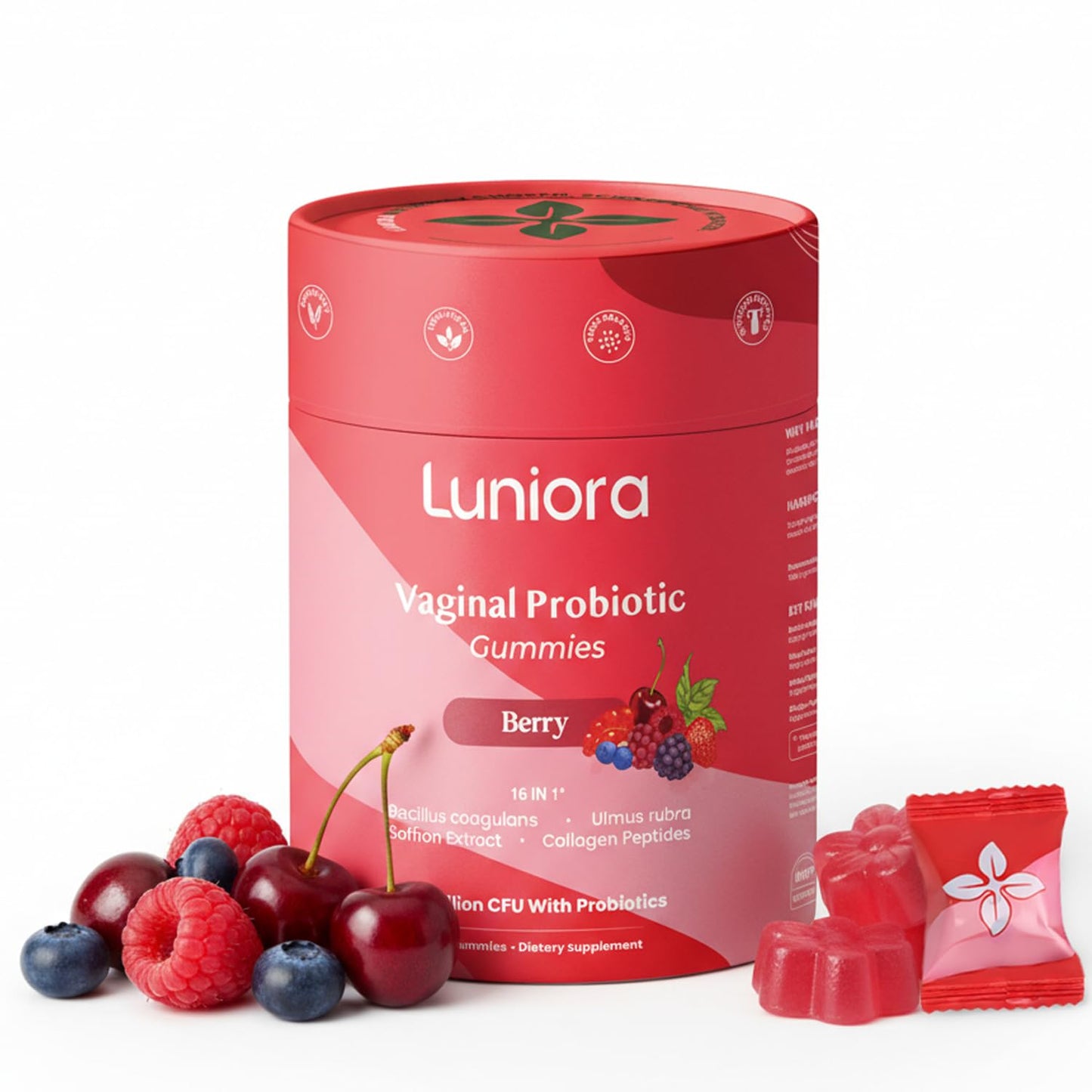 LUNIORA 16-in-1 Vaginal Probiotic Gummies - Berry Feminine Balance, 10B CFU Probiotics, Cranberry, Prebiotic Fiber & Collagen - Vaginal Health & pH Balance Support, 60 Gummies