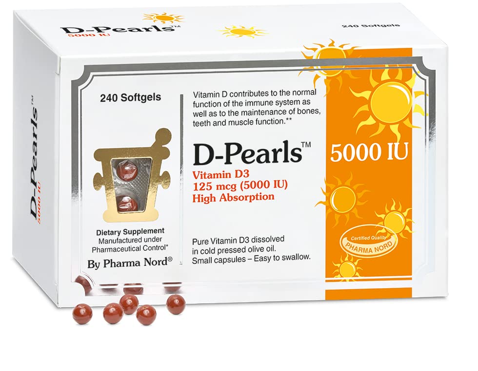 Pharma Nord D-Pearls 5000 iu (125 mcg) High Potency Vitamin D3 Softgels in Organic Olive Oil, 240 Count