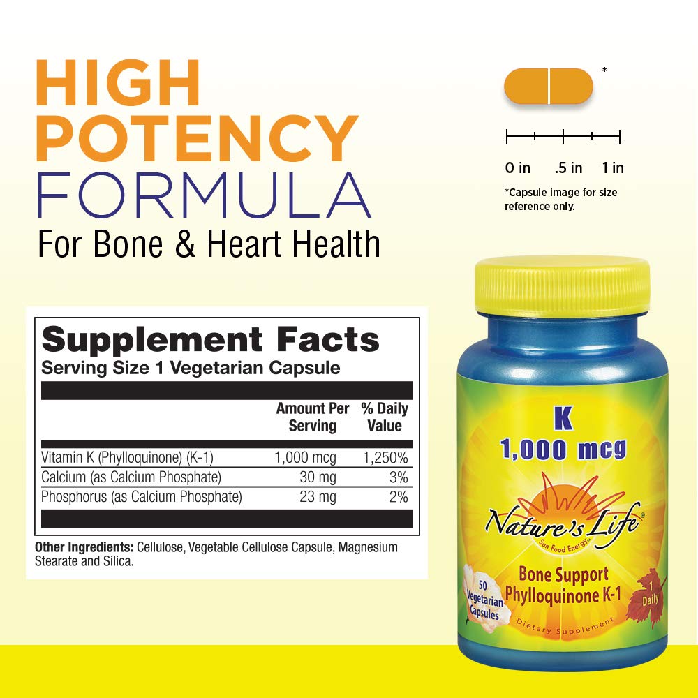 Nature's Life Vitamin K 1000mcg Phylloquinone K-1 Supplement, Healthy Bones & Cardiovascular Support, 50 Capsules