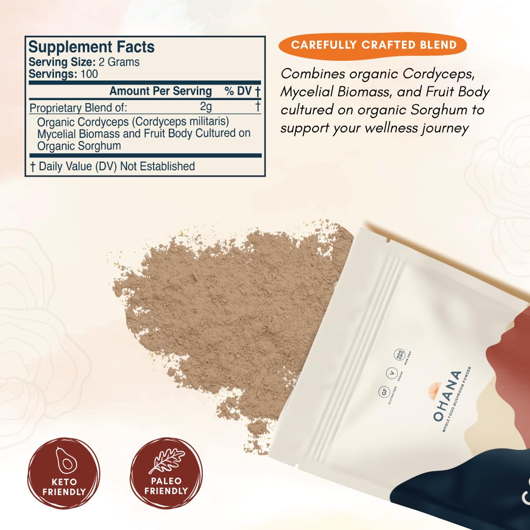 Ohana Mushrooms Cordyceps Organic Mushroom Powder Blend, Powder, 7.05 oz Pack of 1