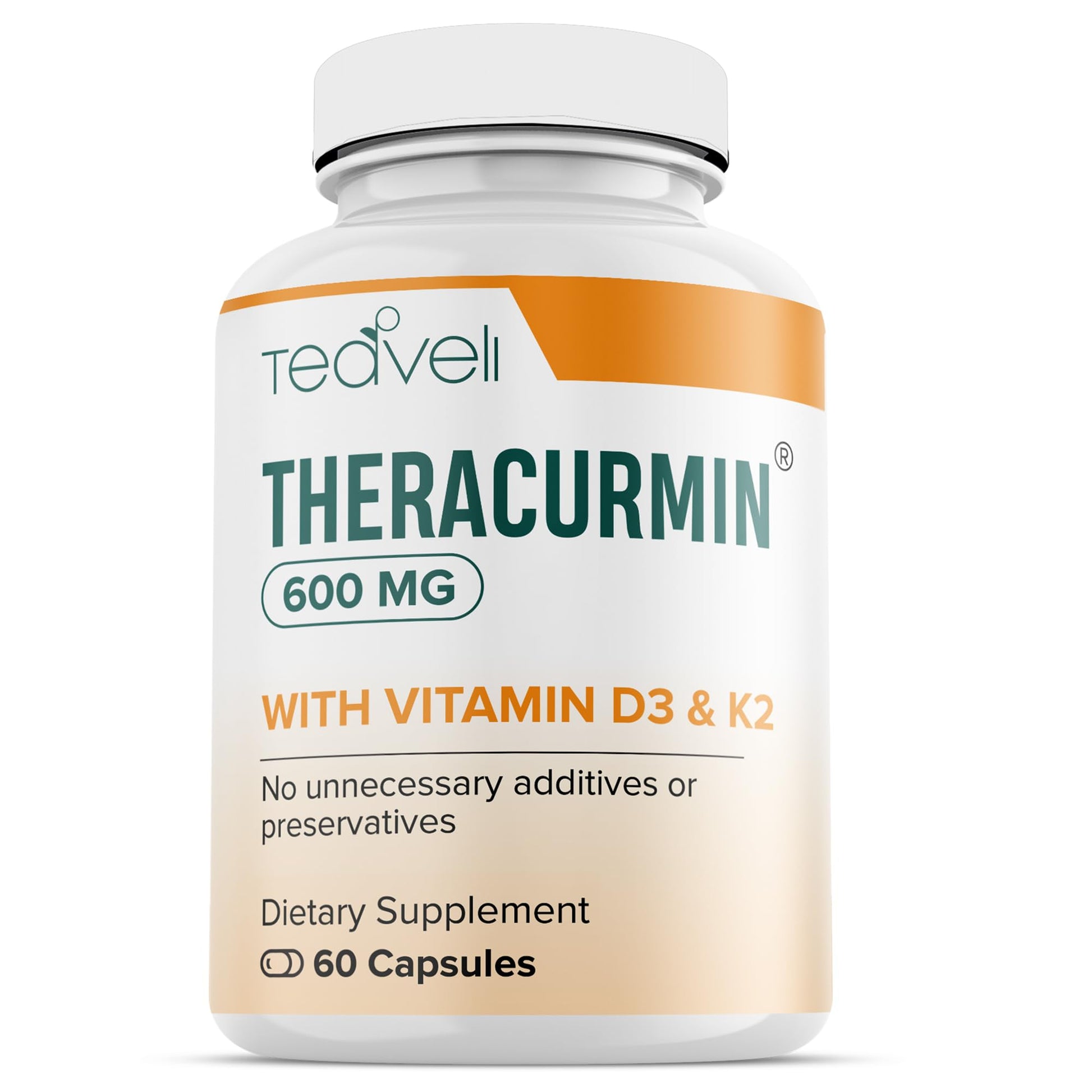 Teaveli Theracurmin Turmeric Curcumin Supplement – Advanced Joint, Bones and Muscle Support with Vitamin D3 & K2 (MK-7), 600mg Theracurmin, No Stearates, Clean Label, 60 Capsules