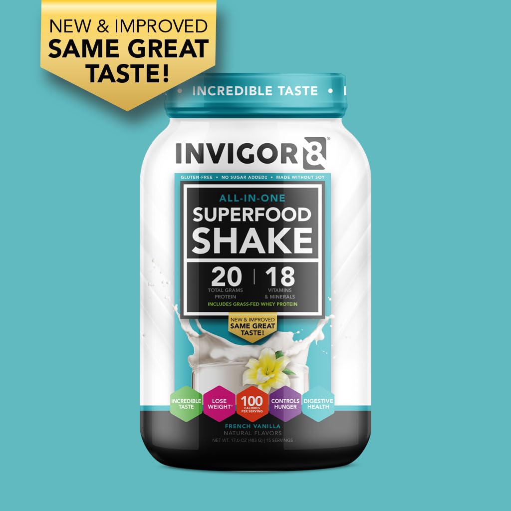INVIGOR8 Superfood Grass Fed Whey Protein Isolate Shake French Vanilla Powder 22.6 Ounce