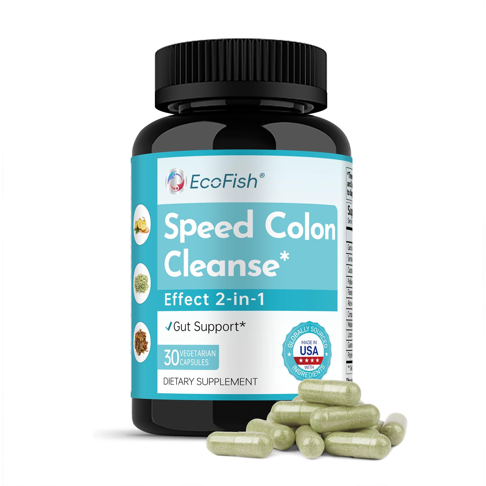 ECOFISH Natural Colon Cleanse 15 Days 2-in-1 Gut Support for Men & Women, 30 Capsules