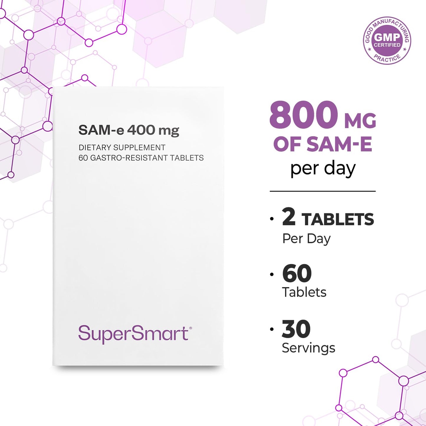 Supersmart SAM-e 400mg Advanced S-Adenosyl Methionine Enteric Coated Tablet, 60 Count