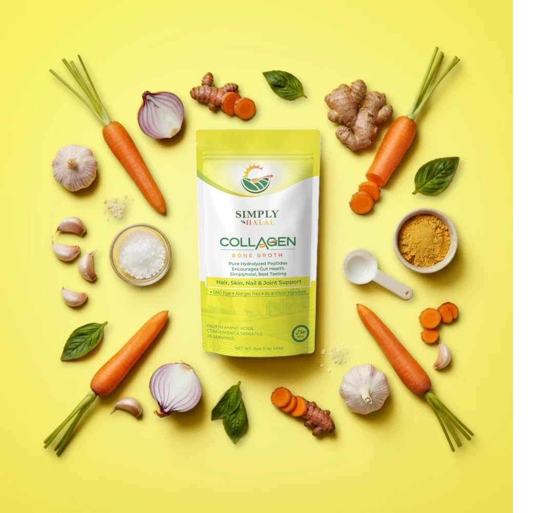 Simply Halal Broth Collagen Powder Type I & III for Joint, Skin, Hair, Nail & Digestive Support – Grass-Fed, 16 oz