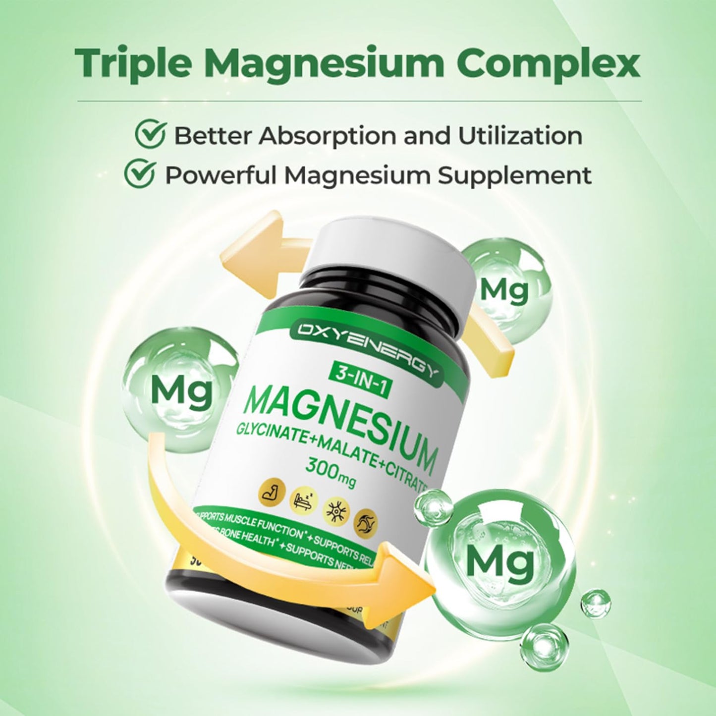 OxyEnergy Triple Magnesium Complex Supplement, 3 in 1 Chelated Magnesium (Glycinate, Malate, Citrate), 300 mg per Capsule, High Absorption, Vegan, 90 Capsules