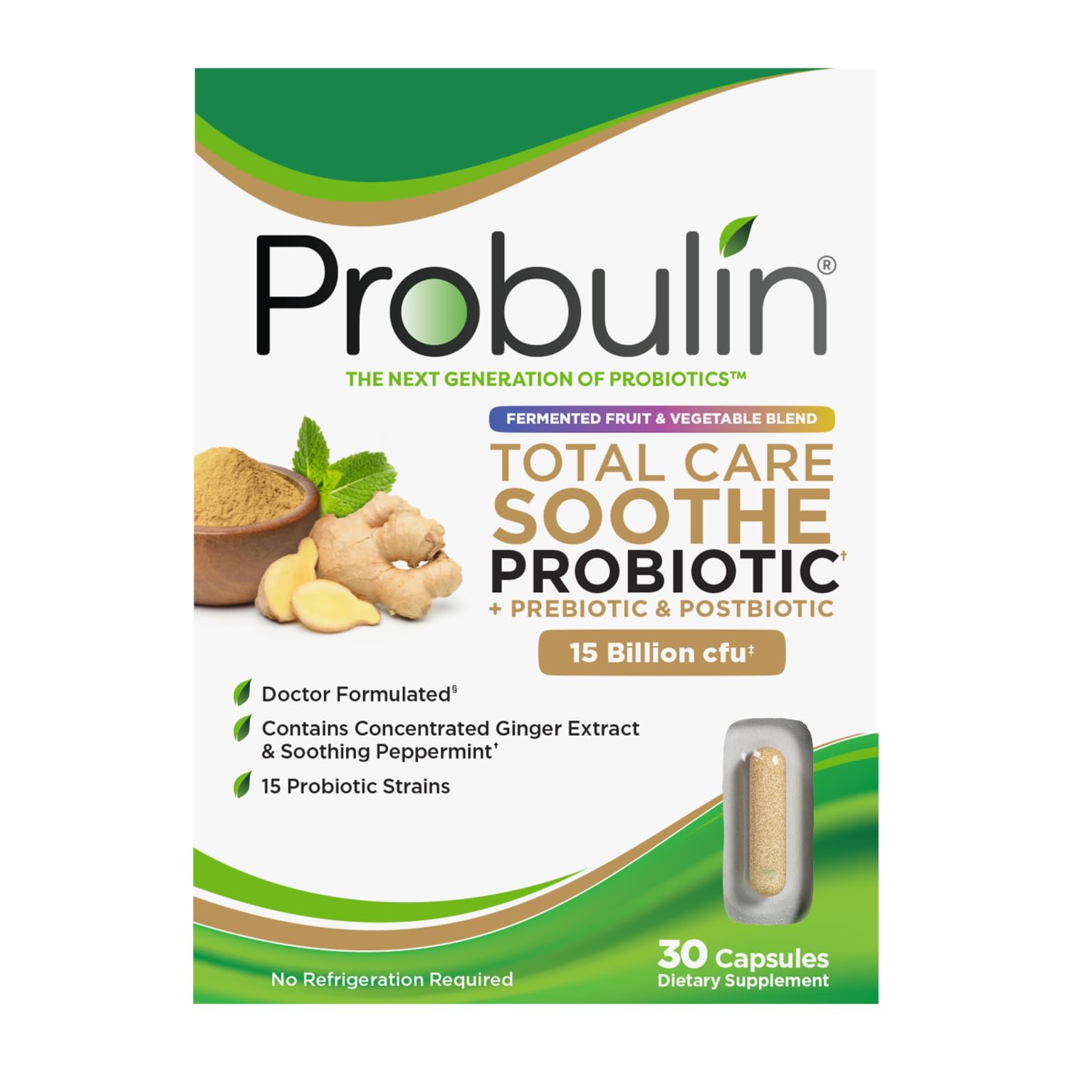 Probulin Total Care Soothe Prebiotic, Probiotic and Postbiotic + Ginger & Mint for Digestive Soothing, 30 Capsules