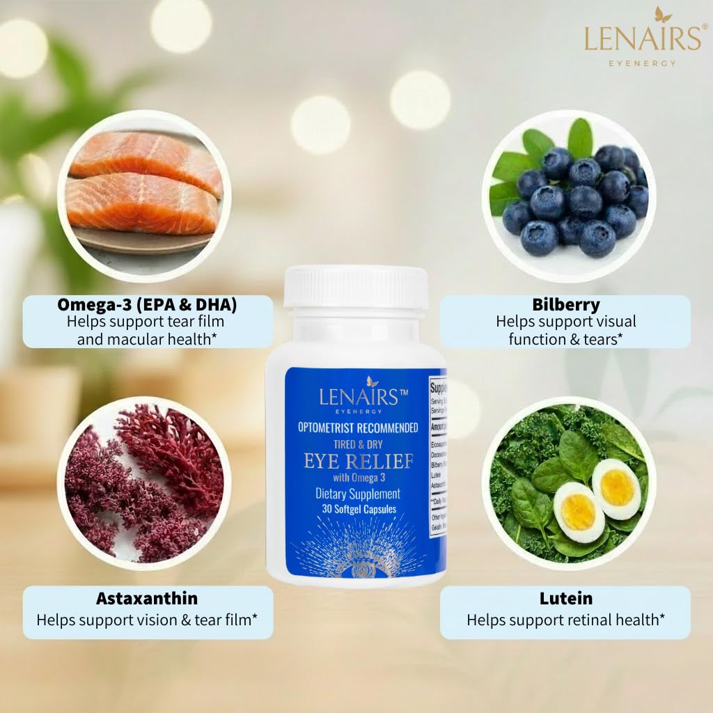LENAIRS Tired & Dry Eye Relief Capsule Omega-3 EPA DHA, Lutein, Astaxanthin & Bilberry for Eye Comfort & Screen Use Support 30 Count