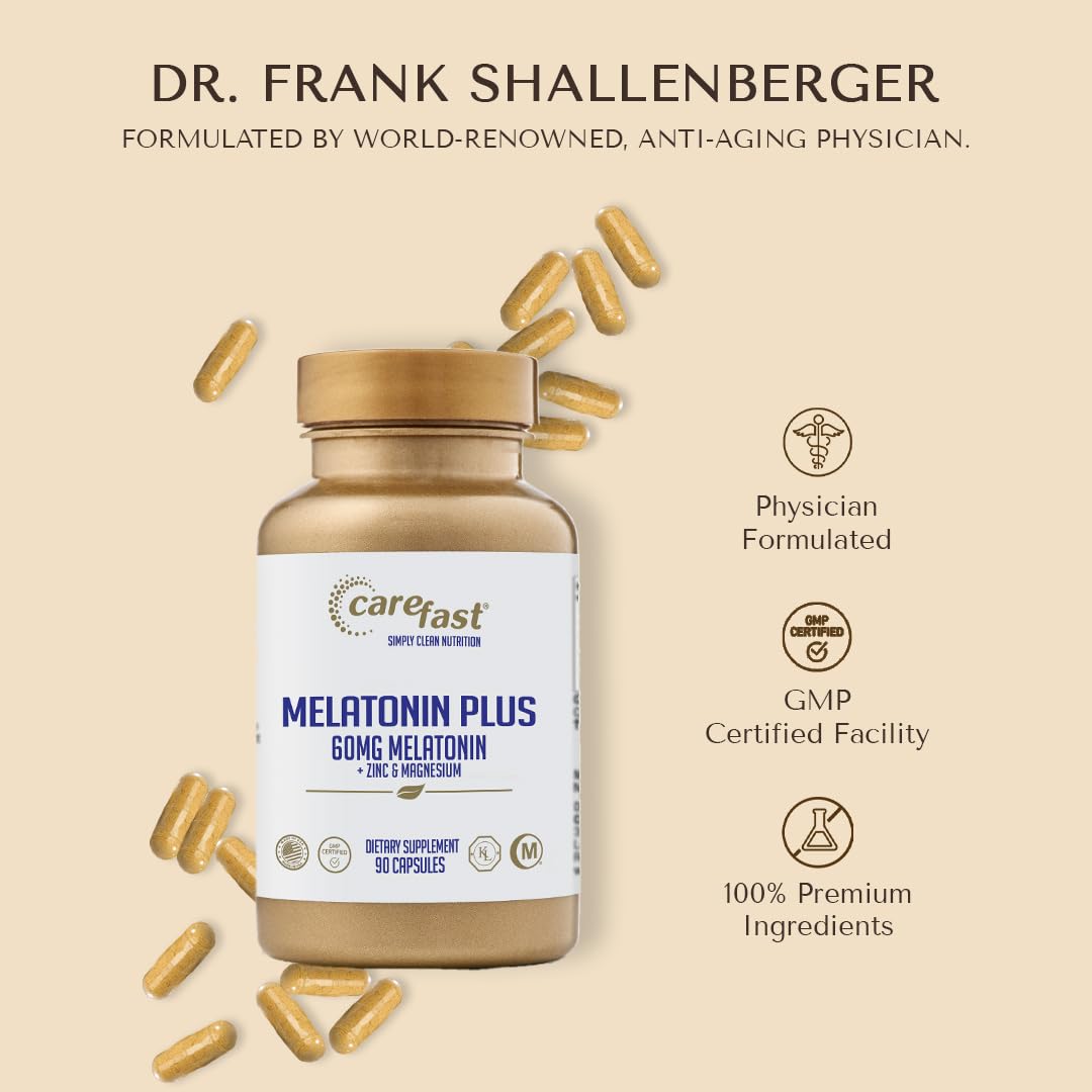 CAREFAST Melatonin Plus Extra Strength High Dose Sleep Supplement 60mg Capsules, 90 Count