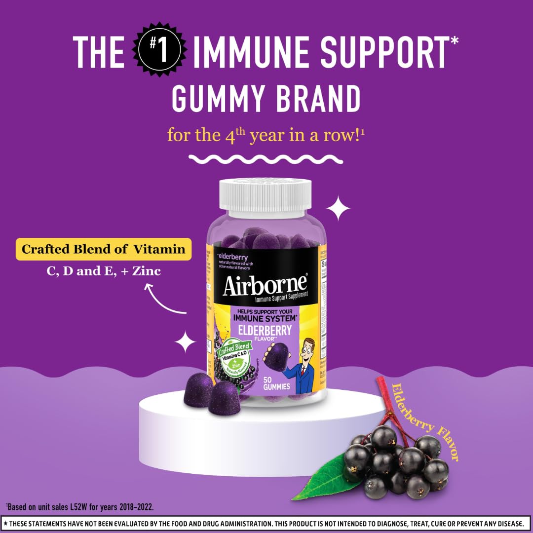 Airborne Elderberry + Zinc & Vitamin C For Adults, Immune Support, 50 Gummies