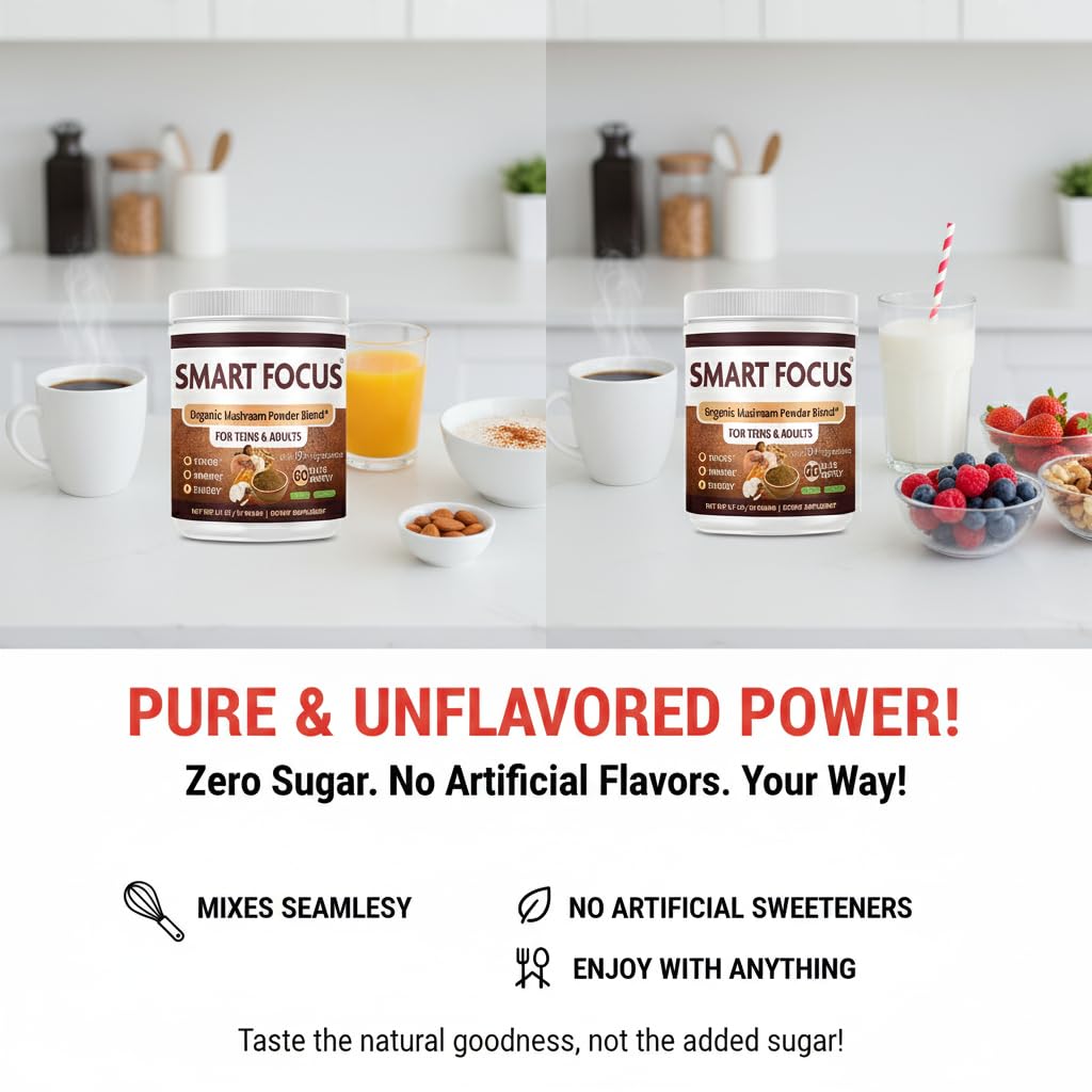 Smart Focus Lion’s Mane Mushroom Powder Organic, Chaga, Reishi & Cordyceps — Mushroom Chocolate Powder — Brain Health & Focus Support — 4 oz